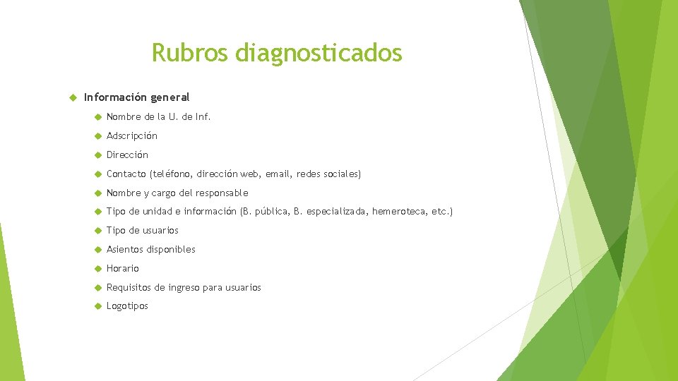 Rubros diagnosticados Información general Nombre de la U. de Inf. Adscripción Dirección Contacto (teléfono,