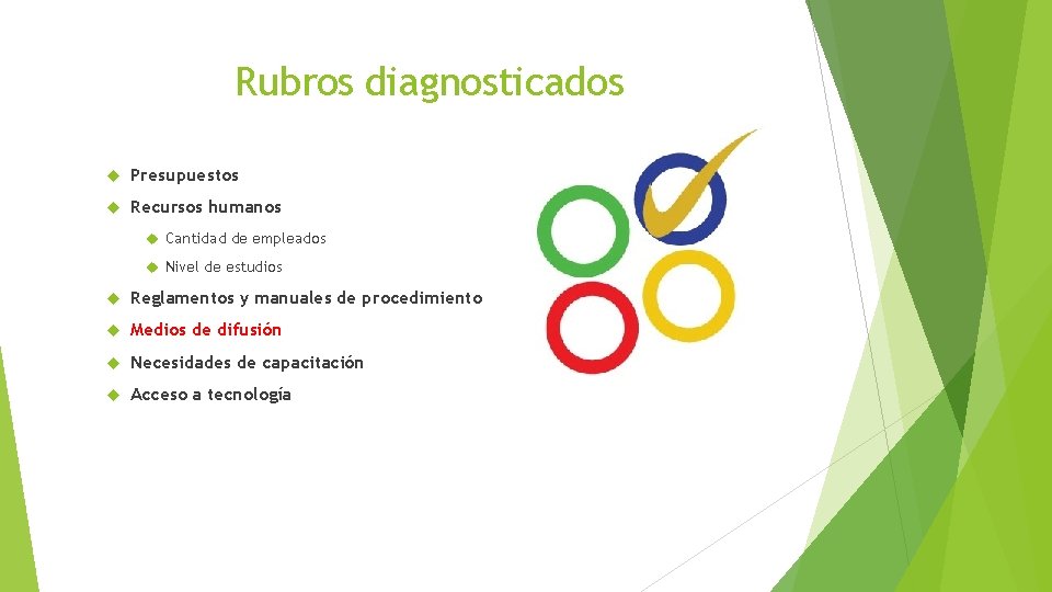 Rubros diagnosticados Presupuestos Recursos humanos Cantidad de empleados Nivel de estudios Reglamentos y manuales