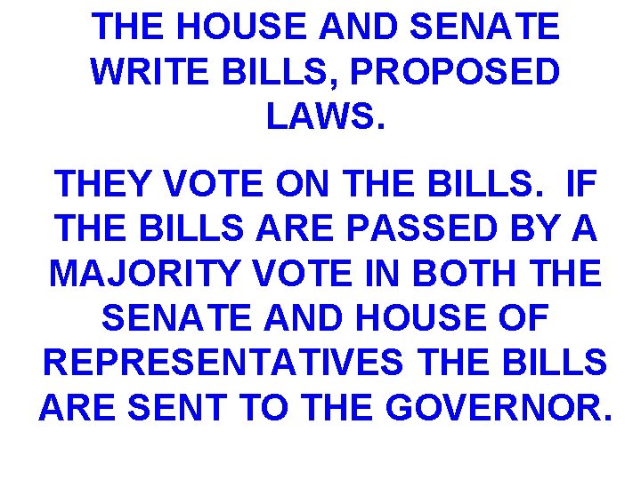 THE HOUSE AND SENATE WRITE BILLS, PROPOSED LAWS. THEY VOTE ON THE BILLS. IF