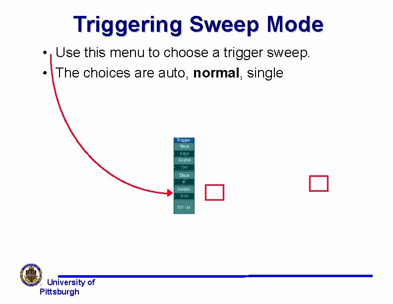 Triggering Sweep Mode • Use this menu to choose a trigger sweep. • The Triggering Sweep Mode • Use this menu to choose a trigger sweep. • The