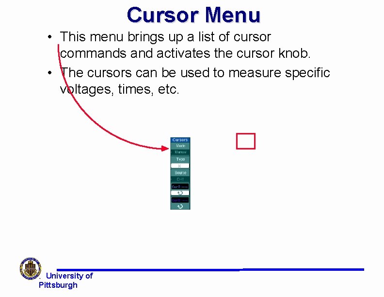 Cursor Menu • This menu brings up a list of cursor commands and activates Cursor Menu • This menu brings up a list of cursor commands and activates