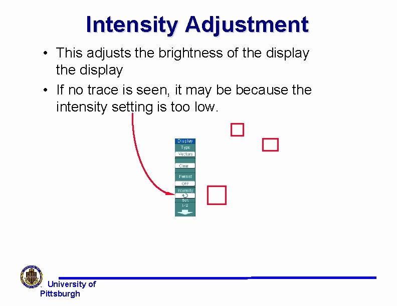 Intensity Adjustment • This adjusts the brightness of the display • If no trace Intensity Adjustment • This adjusts the brightness of the display • If no trace
