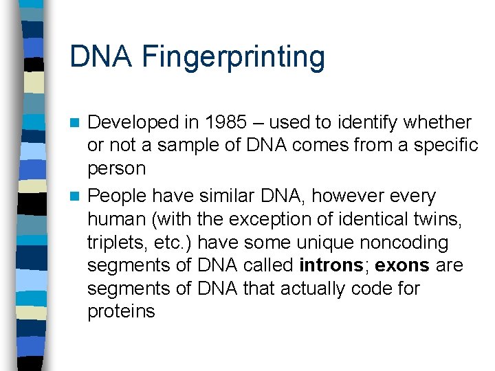 DNA Fingerprinting Developed in 1985 – used to identify whether or not a sample