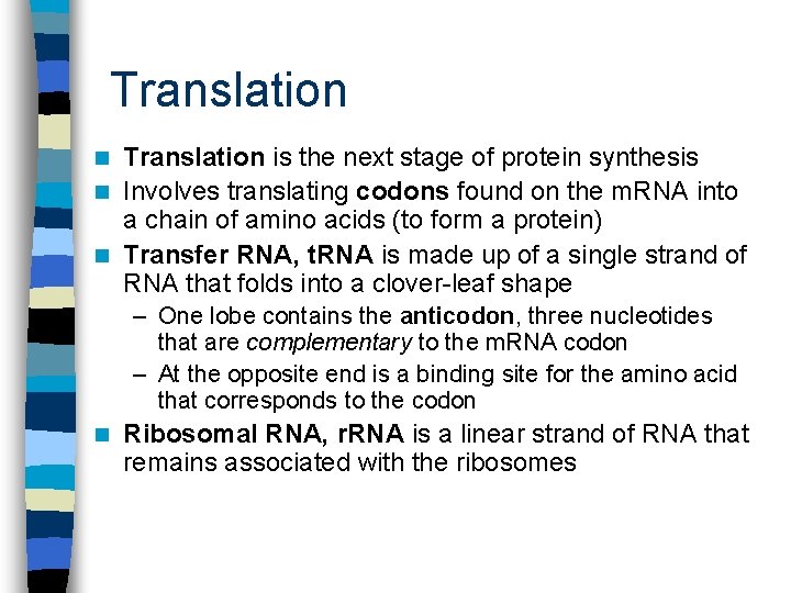 Translation is the next stage of protein synthesis n Involves translating codons found on