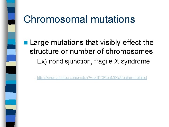 Chromosomal mutations n Large mutations that visibly effect the structure or number of chromosomes