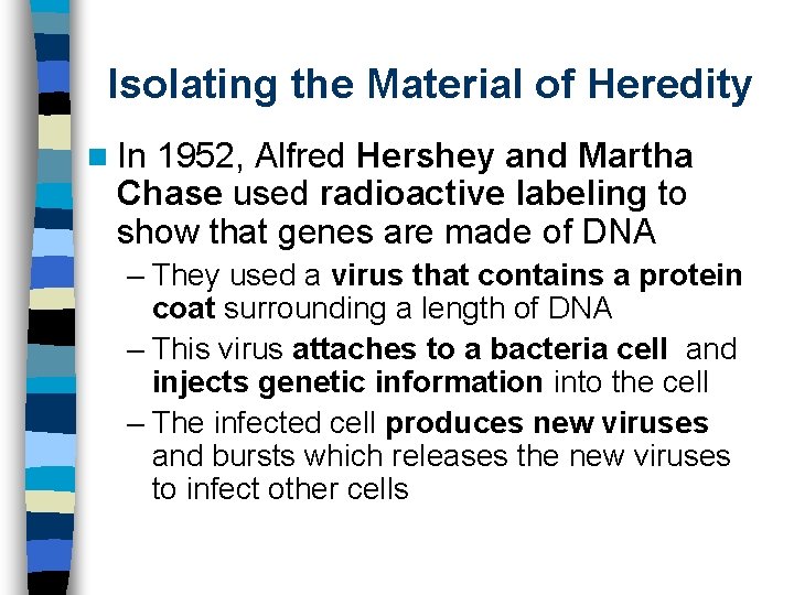 Isolating the Material of Heredity n In 1952, Alfred Hershey and Martha Chase used
