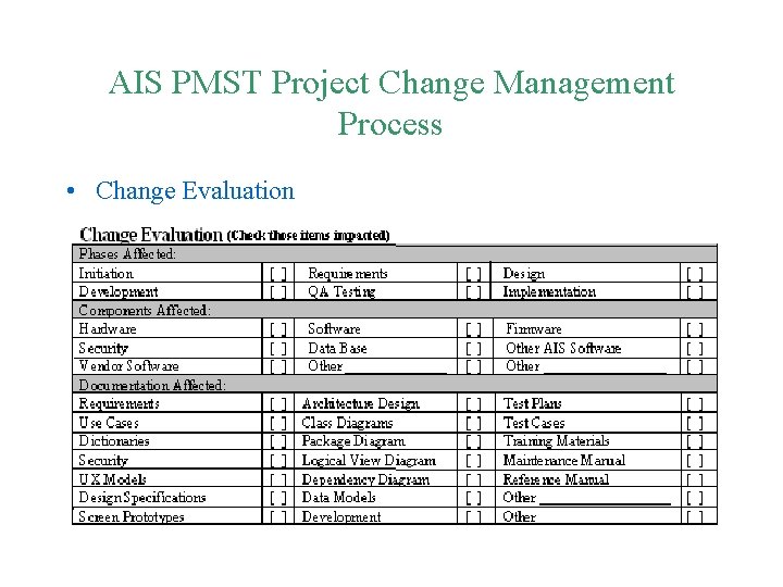 AIS PMST Project Change Management Process • Change Evaluation 