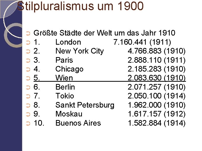 Stilpluralismus um 1900 ➲ ➲ ➲ Größte Städte der Welt um das Jahr 1910