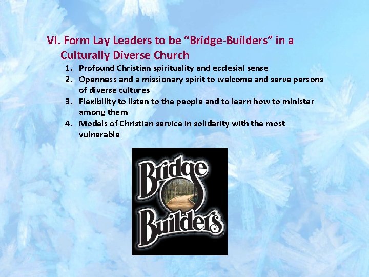 VI. Form Lay Leaders to be “Bridge-Builders” in a Culturally Diverse Church 1. Profound