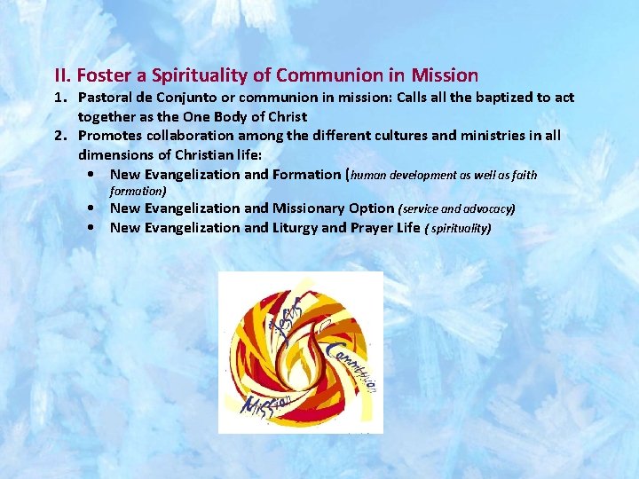 II. Foster a Spirituality of Communion in Mission 1. Pastoral de Conjunto or communion