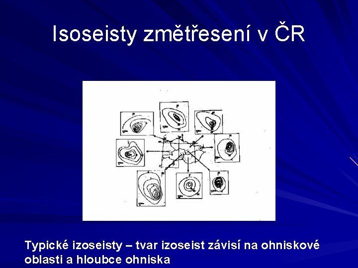 Isoseisty změtřesení v ČR Typické izoseisty – tvar izoseist závisí na ohniskové oblasti a