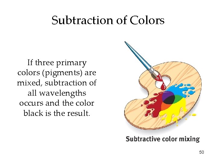 Subtraction of Colors If three primary colors (pigments) are mixed, subtraction of all wavelengths