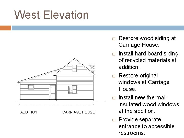 West Elevation ADDITION CARRIAGE HOUSE Restore wood siding at Carriage House. Install hard board