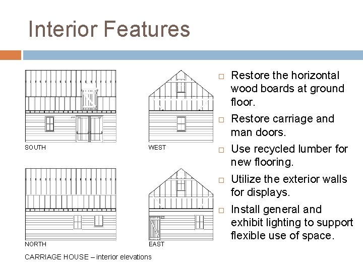 Interior Features SOUTH WEST NORTH EAST CARRIAGE HOUSE – interior elevations Restore the horizontal