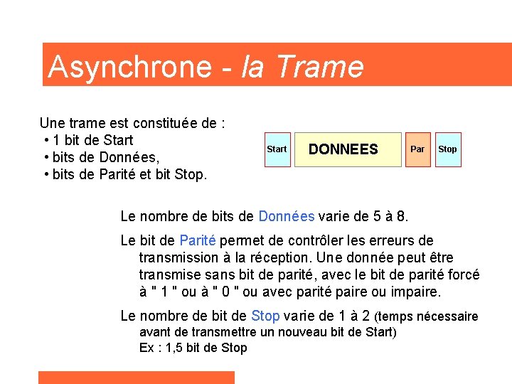 Asynchrone - la Trame Une trame est constituée de : • 1 bit de