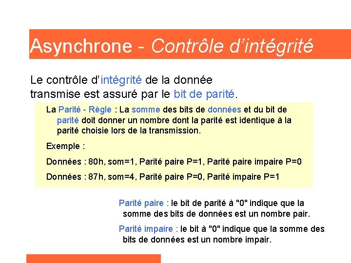 Asynchrone - Contrôle d’intégrité Le contrôle d’intégrité de la donnée transmise est assuré par