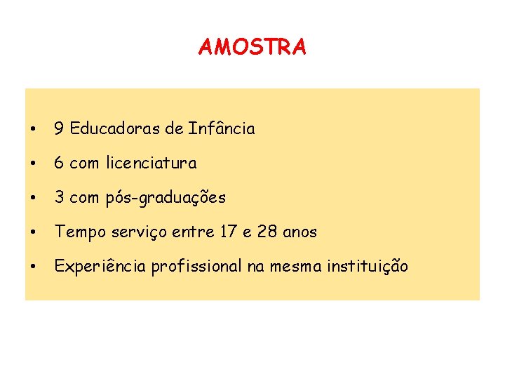 AMOSTRA • 9 Educadoras de Infância • 6 com licenciatura • 3 com pós-graduações