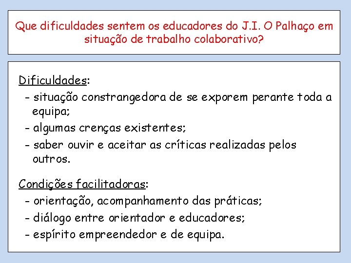 Que dificuldades sentem os educadores do J. I. O Palhaço em situação de trabalho