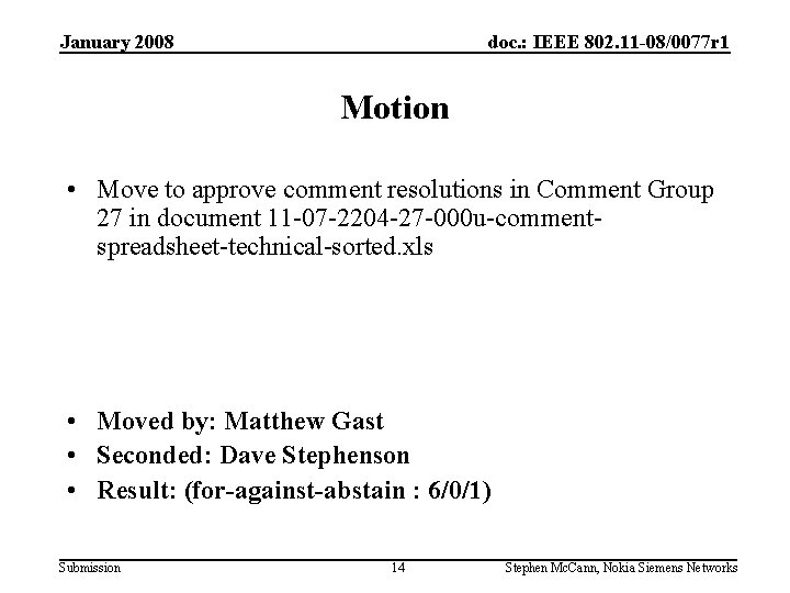 January 2008 doc. : IEEE 802. 11 -08/0077 r 1 Motion • Move to