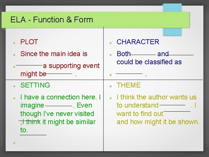 ELA - Function & Form PLOT Since the main idea is a supporting event ELA - Function & Form PLOT Since the main idea is a supporting event