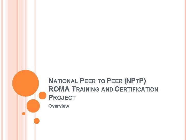 NATIONAL PEER TO PEER (NPTP) ROMA TRAINING AND CERTIFICATION PROJECT Overview 