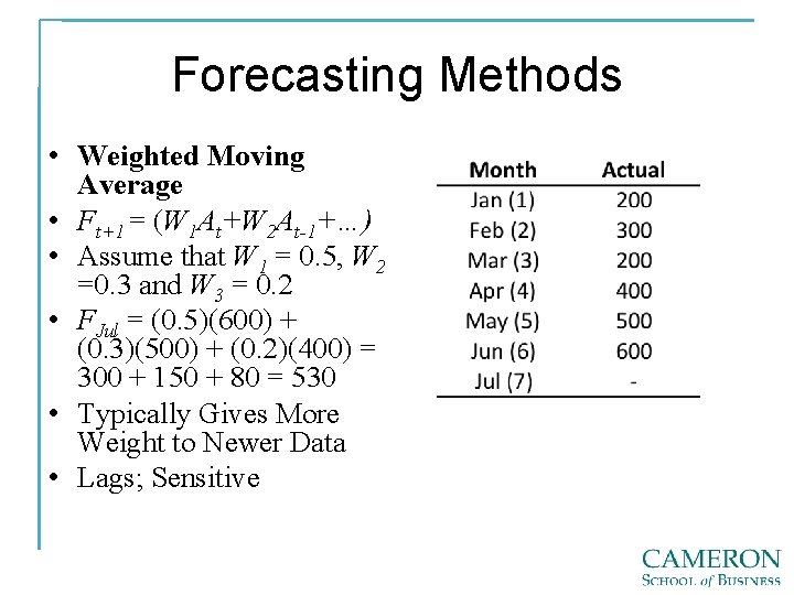 Forecasting Methods • Weighted Moving Average • Ft+1 = (W 1 At+W 2 At-1+…)
