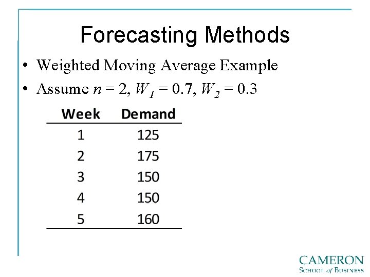 Forecasting Methods • Weighted Moving Average Example • Assume n = 2, W 1