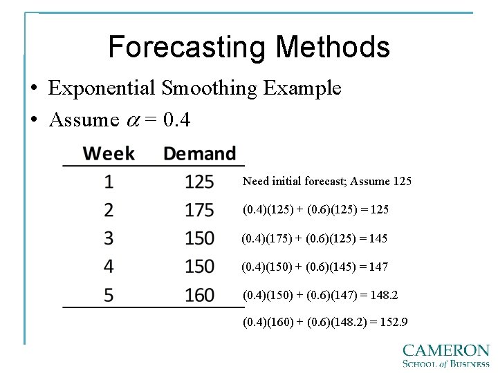 Forecasting Methods • Exponential Smoothing Example • Assume a = 0. 4 Need initial