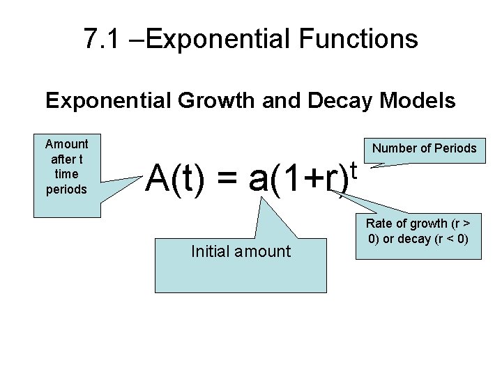 7. 1 –Exponential Functions Exponential Growth and Decay Models Amount after t time periods