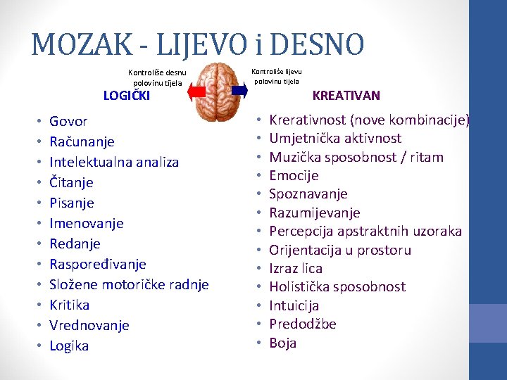 MOZAK - LIJEVO i DESNO Kontroliše desnu polovinu tijela Kontroliše lijevu polovinu tijela LOGIČKI