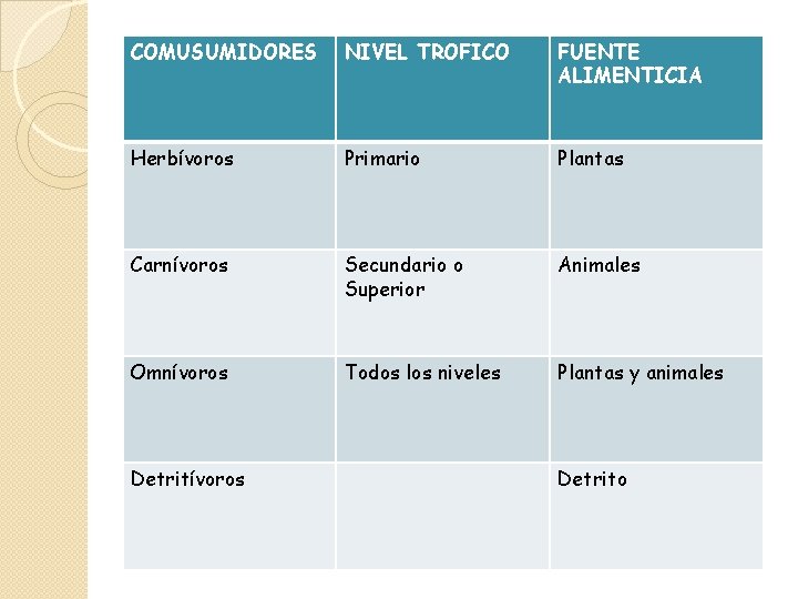 COMUSUMIDORES NIVEL TROFICO FUENTE ALIMENTICIA Herbívoros Primario Plantas Carnívoros Secundario o Superior Animales Omnívoros