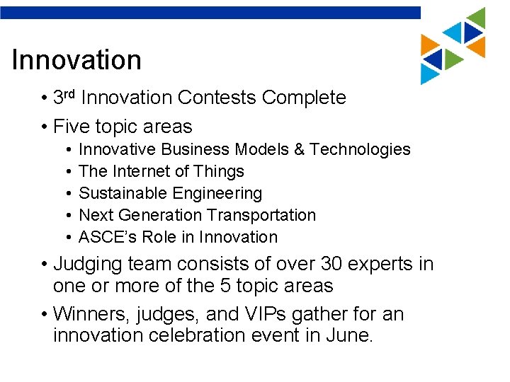 Innovation • 3 rd Innovation Contests Complete • Five topic areas • • •