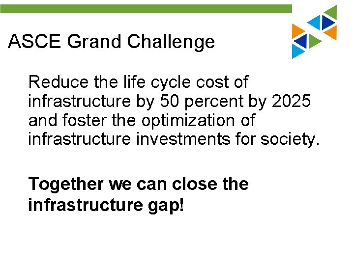 ASCE Grand Challenge Reduce the life cycle cost of infrastructure by 50 percent by