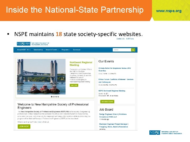 Inside the National-State Partnership • NSPE maintains 18 state society-specific websites. www. nspe. org