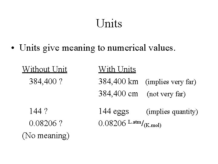 Units • Units give meaning to numerical values. Without Unit 384, 400 ? With