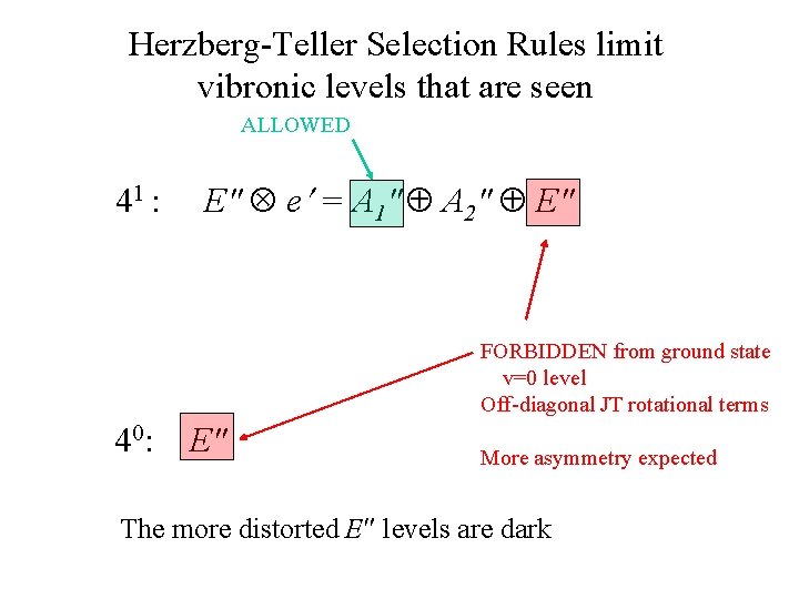 Herzberg-Teller Selection Rules limit vibronic levels that are seen ALLOWED 41 : E″ e