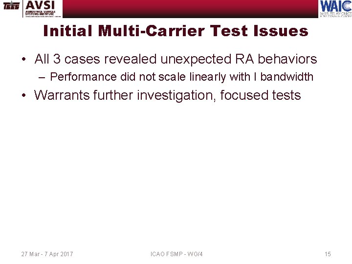 Initial Multi-Carrier Test Issues • All 3 cases revealed unexpected RA behaviors – Performance