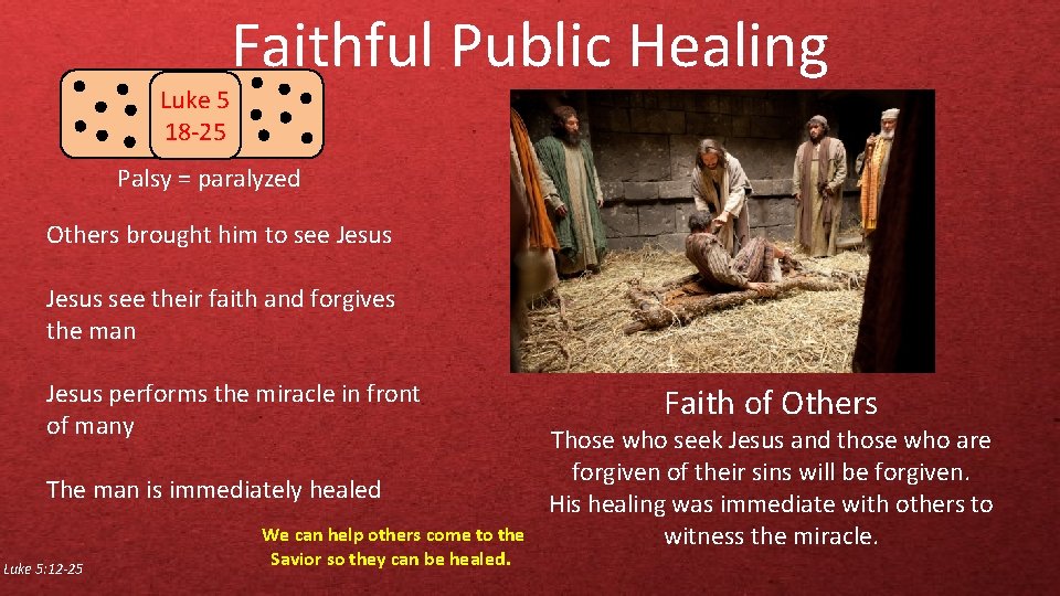 Faithful Public Healing Luke 5 18 -25 Palsy = paralyzed Others brought him to