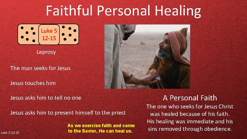Faithful Personal Healing Luke 5 12 -15 Leprosy The man seeks for Jesus touches