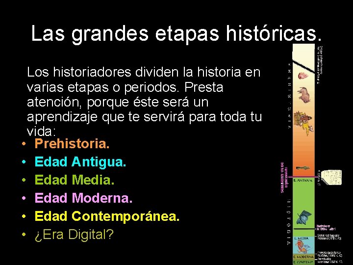 Las grandes etapas históricas. Los historiadores dividen la historia en varias etapas o periodos.