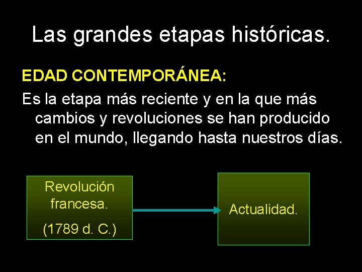 Las grandes etapas históricas. EDAD CONTEMPORÁNEA: Es la etapa más reciente y en la