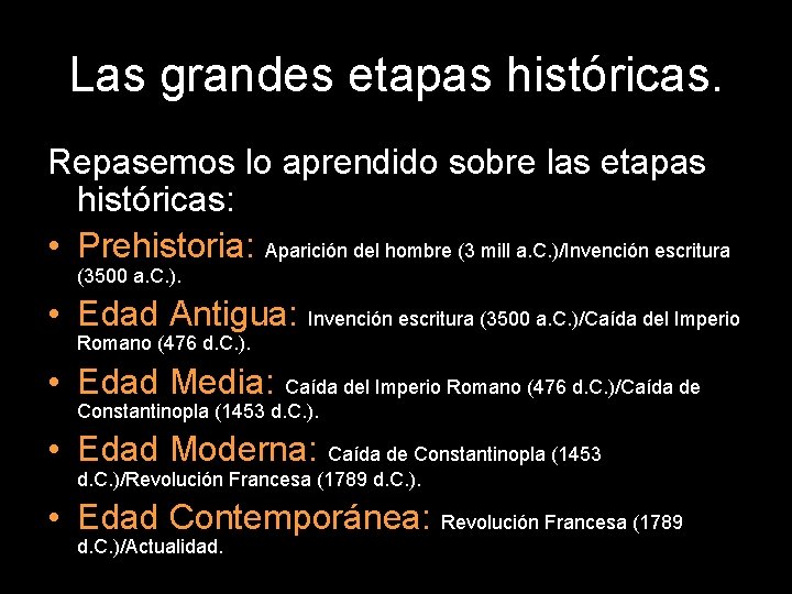 Las grandes etapas históricas. Repasemos lo aprendido sobre las etapas históricas: • Prehistoria: Aparición