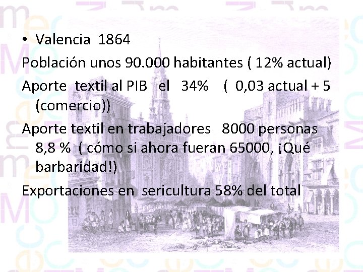  • Valencia 1864 Población unos 90. 000 habitantes ( 12% actual) Aporte textil