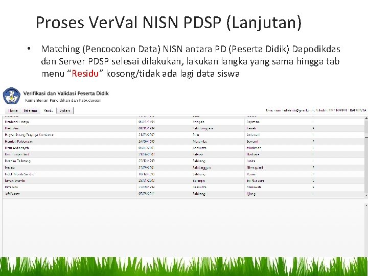 Proses Ver. Val NISN PDSP (Lanjutan) • Matching (Pencocokan Data) NISN antara PD (Peserta Proses Ver. Val NISN PDSP (Lanjutan) • Matching (Pencocokan Data) NISN antara PD (Peserta