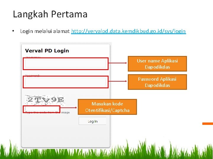 Langkah Pertama • Login melalui alamat http: //vervalpd. data. kemdikbud. go. id/sys/login User name Langkah Pertama • Login melalui alamat http: //vervalpd. data. kemdikbud. go. id/sys/login User name