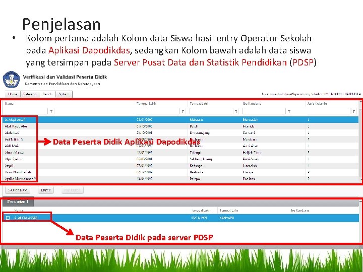 Penjelasan • Kolom pertama adalah Kolom data Siswa hasil entry Operator Sekolah pada Aplikasi Penjelasan • Kolom pertama adalah Kolom data Siswa hasil entry Operator Sekolah pada Aplikasi