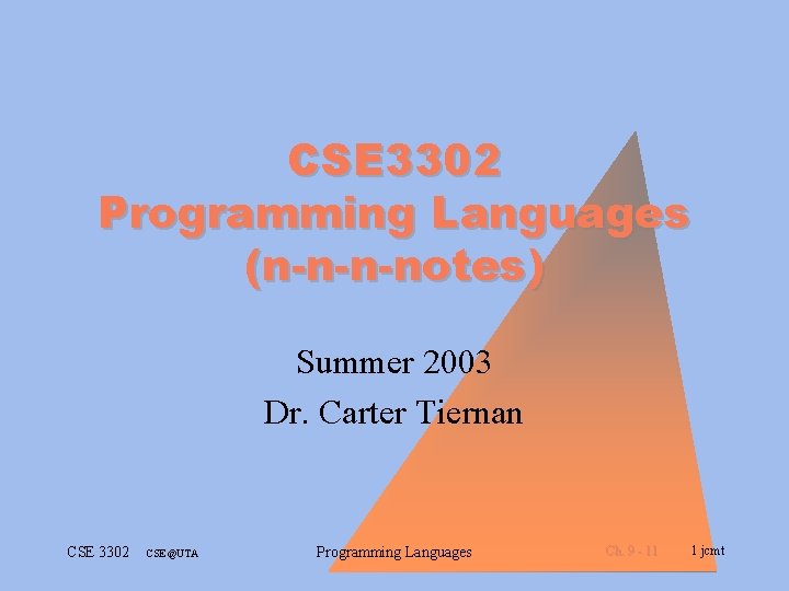 CSE 3302 Programming Languages (n-n-n-notes) Summer 2003 Dr. Carter Tiernan CSE 3302 CSE@UTA Programming