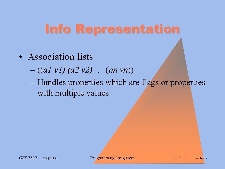 Info Representation • Association lists – ((a 1 v 1) (a 2 v 2)