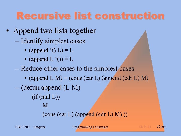 Recursive list construction • Append two lists together – Identify simplest cases • (append