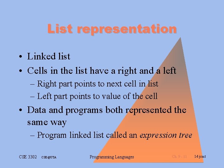 List representation • Linked list • Cells in the list have a right and